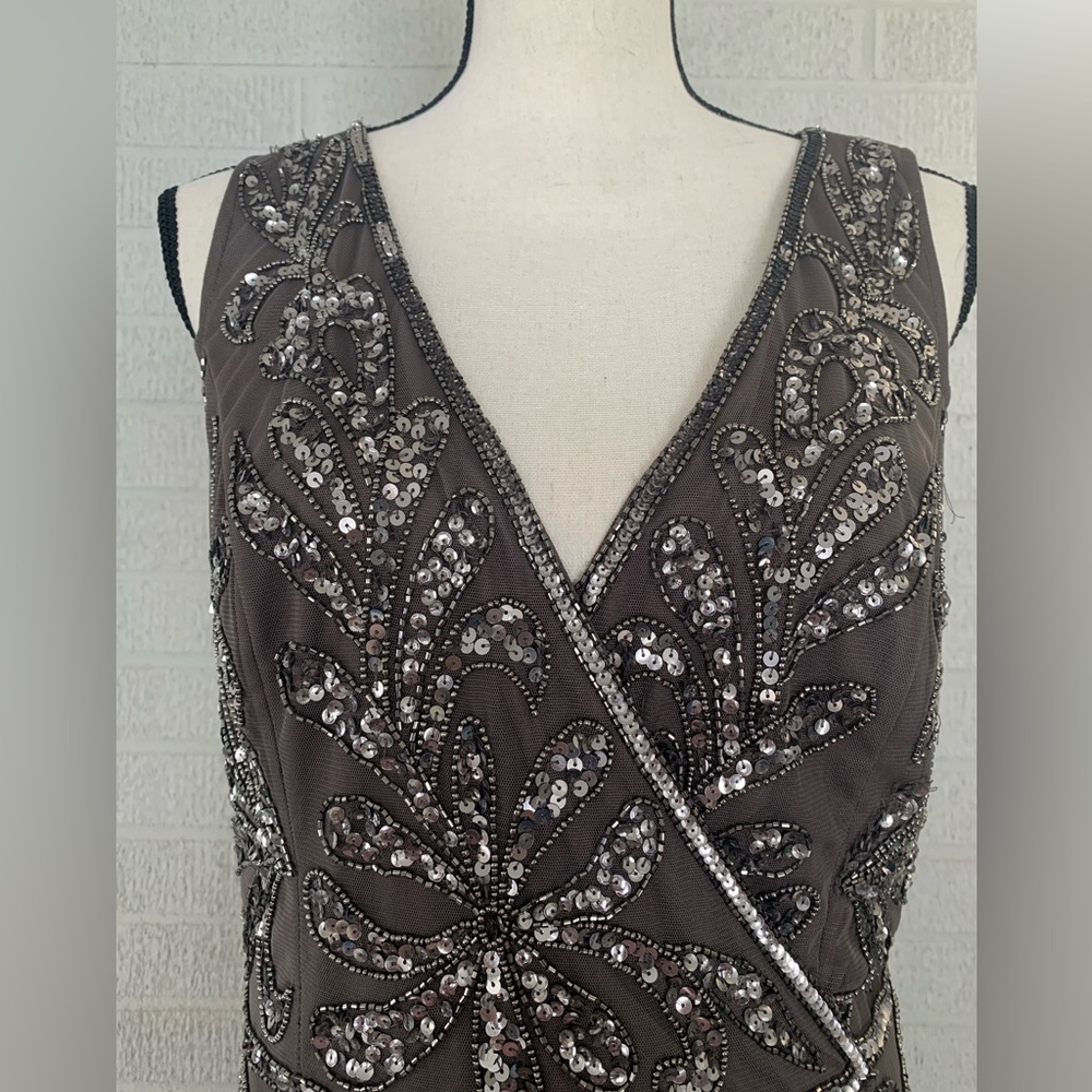 Adrianna Papell Women's Size 14 Taupe Dress Formal Hand Beaded Knee Length - Picture 14 of 16